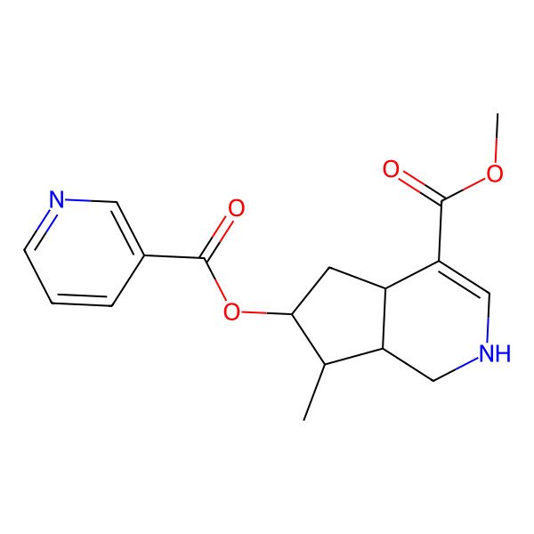 2D Structure of methyl 7-methyl-6-(pyridine-3-carbonyloxy)-2,4a,5,6,7,7a-hexahydro-1H-cyclopenta[c]pyridine-4-carboxylate