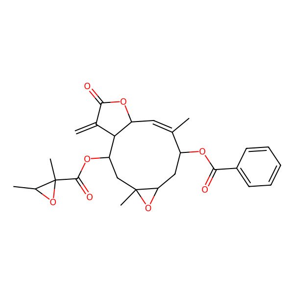 2D Structure of [(1S,2R,4S,6R,8S,9Z,11S)-8-benzoyloxy-4,9-dimethyl-14-methylidene-13-oxo-5,12-dioxatricyclo[9.3.0.04,6]tetradec-9-en-2-yl] (2S,3S)-2,3-dimethyloxirane-2-carboxylate