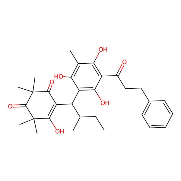 2D Structure of 5-hydroxy-2,2,6,6-tetramethyl-4-[(1S,2S)-2-methyl-1-[2,4,6-trihydroxy-3-methyl-5-(3-phenylpropanoyl)phenyl]butyl]cyclohex-4-ene-1,3-dione