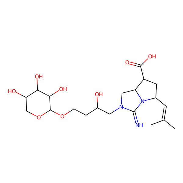 2D Structure of (5S,7R,7aR)-2-[2-hydroxy-4-[(2S,3R,4S,5R)-3,4,5-trihydroxyoxan-2-yl]oxybutyl]-3-imino-5-(2-methylprop-1-enyl)-5,6,7,7a-tetrahydro-1H-pyrrolo[1,2-c]imidazole-7-carboxylic acid