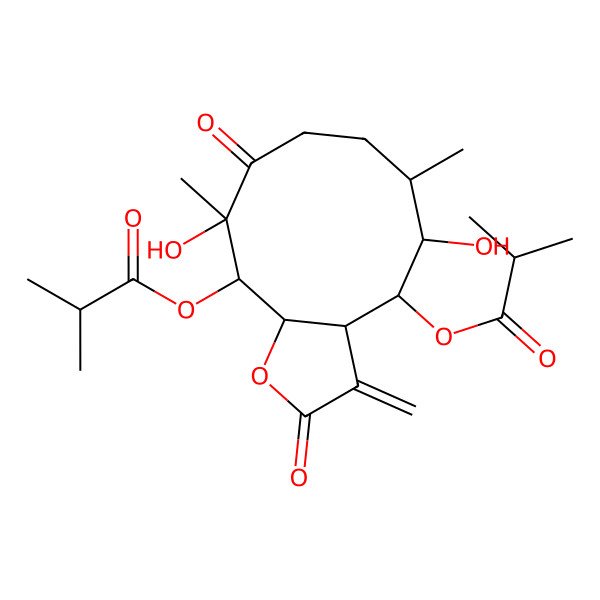 2D Structure of [5,10-Dihydroxy-6,10-dimethyl-3-methylidene-11-(2-methylpropanoyloxy)-2,9-dioxo-3a,4,5,6,7,8,11,11a-octahydrocyclodeca[b]furan-4-yl] 2-methylpropanoate