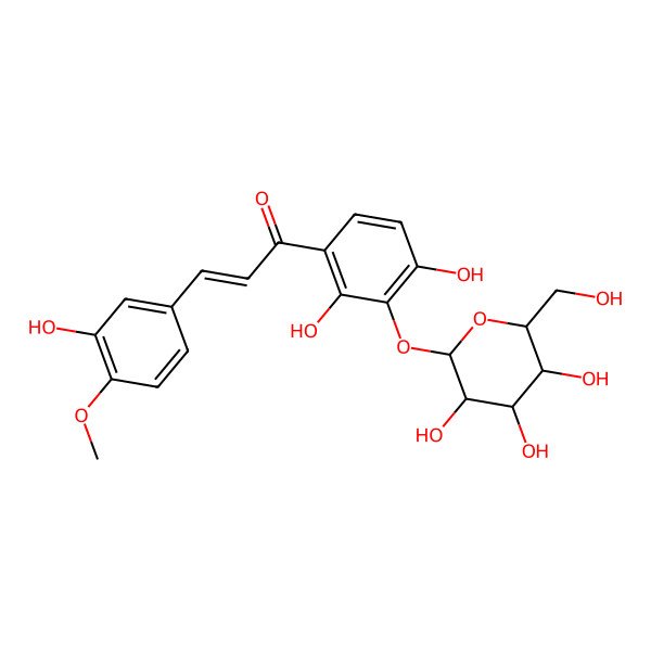 2D Structure of (E)-1-[2,4-dihydroxy-3-[(2S,3R,4S,5S,6R)-3,4,5-trihydroxy-6-(hydroxymethyl)oxan-2-yl]oxyphenyl]-3-(3-hydroxy-4-methoxyphenyl)prop-2-en-1-one