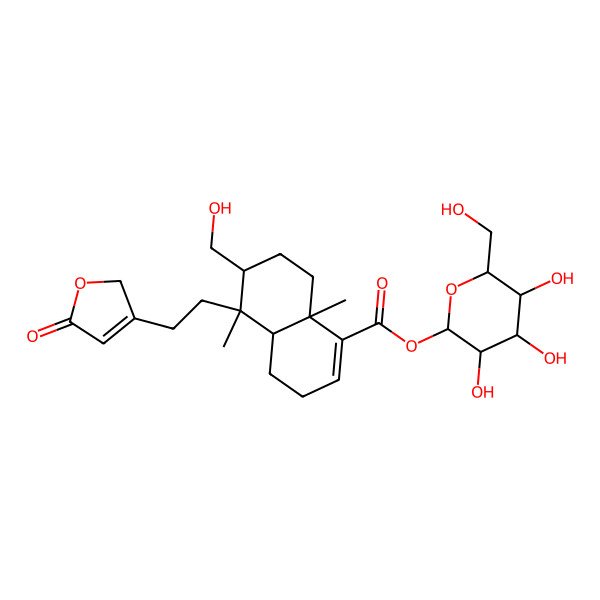 2D Structure of [(2S,3R,4S,5S,6R)-3,4,5-trihydroxy-6-(hydroxymethyl)oxan-2-yl] (4aR,5R,6R,8aR)-6-(hydroxymethyl)-5,8a-dimethyl-5-[2-(5-oxo-2H-furan-3-yl)ethyl]-3,4,4a,6,7,8-hexahydronaphthalene-1-carboxylate