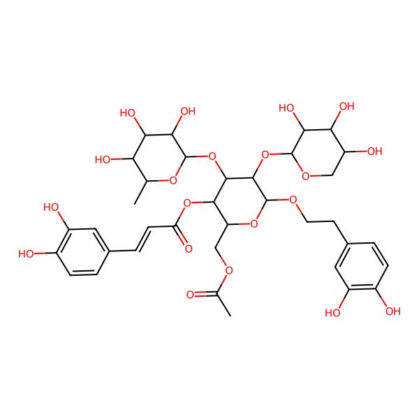 2D Structure of [(2R,3R,4S,5R,6R)-2-(acetyloxymethyl)-6-[2-(3,4-dihydroxyphenyl)ethoxy]-4-[(2S,3R,4R,5R,6S)-3,4,5-trihydroxy-6-methyloxan-2-yl]oxy-5-[(2S,3R,4S,5S)-3,4,5-trihydroxyoxan-2-yl]oxyoxan-3-yl] (E)-3-(3,4-dihydroxyphenyl)prop-2-enoate