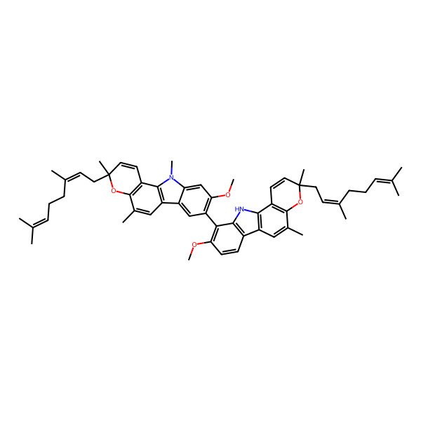 2D Structure of 3-[(2E)-3,7-dimethylocta-2,6-dienyl]-8-[3-[(2E)-3,7-dimethylocta-2,6-dienyl]-9-methoxy-3,5-dimethyl-11H-pyrano[3,2-a]carbazol-10-yl]-9-methoxy-3,5,11-trimethylpyrano[3,2-a]carbazole