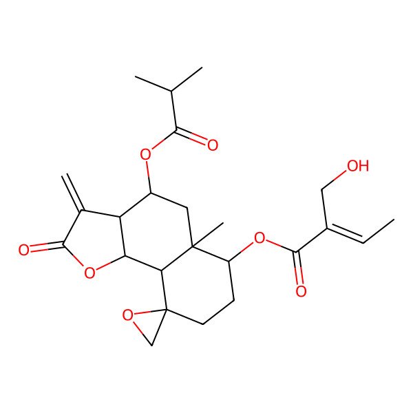 2D Structure of [5a-Methyl-3-methylidene-4-(2-methylpropanoyloxy)-2-oxospiro[3a,4,5,6,7,8,9a,9b-octahydrobenzo[g][1]benzofuran-9,2'-oxirane]-6-yl] 2-(hydroxymethyl)but-2-enoate