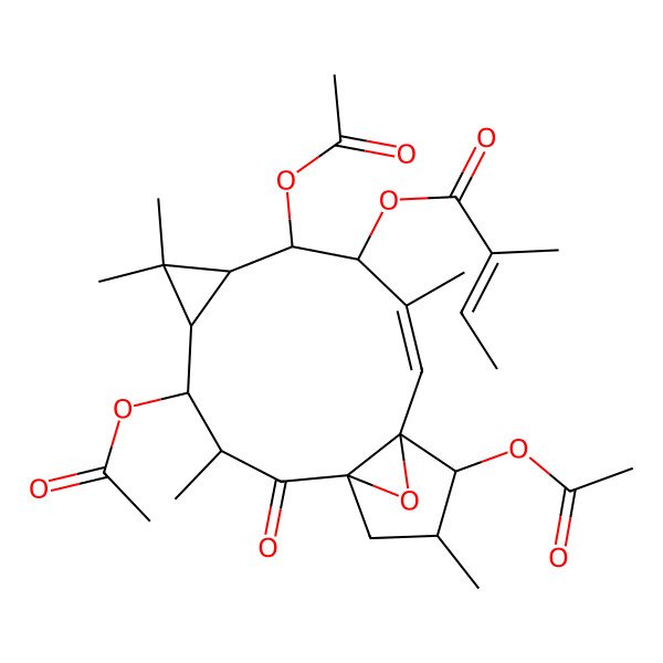 2D Structure of [(1R,3R,4R,5R,7S,8S,9R,10E,12S,13S,14S)-4,8,13-triacetyloxy-3,6,6,10,14-pentamethyl-2-oxo-16-oxatetracyclo[10.3.1.01,12.05,7]hexadec-10-en-9-yl] (E)-2-methylbut-2-enoate