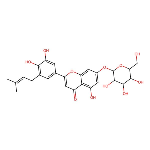 2D Structure of 2-[3,4-Dihydroxy-5-(3-methylbut-2-enyl)phenyl]-5-hydroxy-7-[3,4,5-trihydroxy-6-(hydroxymethyl)oxan-2-yl]oxychromen-4-one