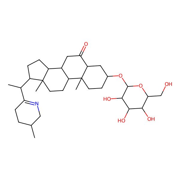 2D Structure of 10,13-Dimethyl-17-[1-(3-methyl-2,3,4,5-tetrahydropyridin-6-yl)ethyl]-3-[3,4,5-trihydroxy-6-(hydroxymethyl)oxan-2-yl]oxy-1,2,3,4,5,7,8,9,11,12,14,15,16,17-tetradecahydrocyclopenta[a]phenanthren-6-one