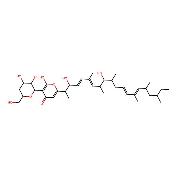 2D Structure of 6-[(4E,6E,12E,14E)-3,9-dihydroxy-6,8,10,14,16,18-hexamethylicosa-4,6,12,14-tetraen-2-yl]-3-[3,4-dihydroxy-6-(hydroxymethyl)oxan-2-yl]-2-hydroxypyran-4-one