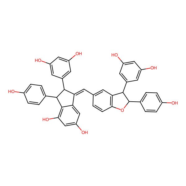 2D Structure of (1Z,2S,3S)-2-(3,5-dihydroxyphenyl)-1-[[(2S,3S)-3-(3,5-dihydroxyphenyl)-2-(4-hydroxyphenyl)-2,3-dihydro-1-benzofuran-5-yl]methylidene]-3-(4-hydroxyphenyl)-2,3-dihydroindene-4,6-diol