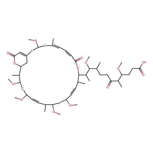 2D Structure of 4,10-Dimethoxy-5,9-dimethyl-6-oxo-11-(3,15,17,21,23-pentamethoxy-5,12,18,24-tetramethyl-9,27-dioxo-10,26-dioxabicyclo[23.3.1]nonacosa-1(28),5,7,13,19-pentaen-11-yl)dodecanoic acid
