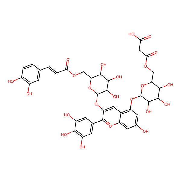 2D Structure of 3-[[(2S,3S,4S,5S,6S)-6-[3-[(2S,3R,4R,5S,6R)-6-[[(E)-3-(3,4-dihydroxyphenyl)prop-2-enoyl]oxymethyl]-3,4,5-trihydroxyoxan-2-yl]oxy-7-hydroxy-2-(3,4,5-trihydroxyphenyl)chromenylium-5-yl]oxy-3,4,5-trihydroxyoxan-2-yl]methoxy]-3-oxopropanoic acid