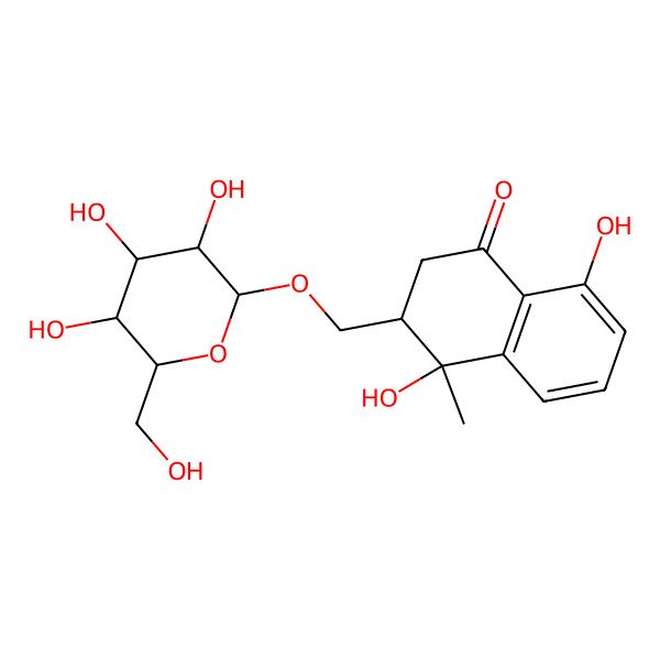 2D Structure of (rel)-4beta,8-dihydroxy-3alpha-O-[alpha-glucopyranosyl]hydroxymethyl-4alpha-methyl-1,2,3,4-tetrahydronaphthalene-1-one