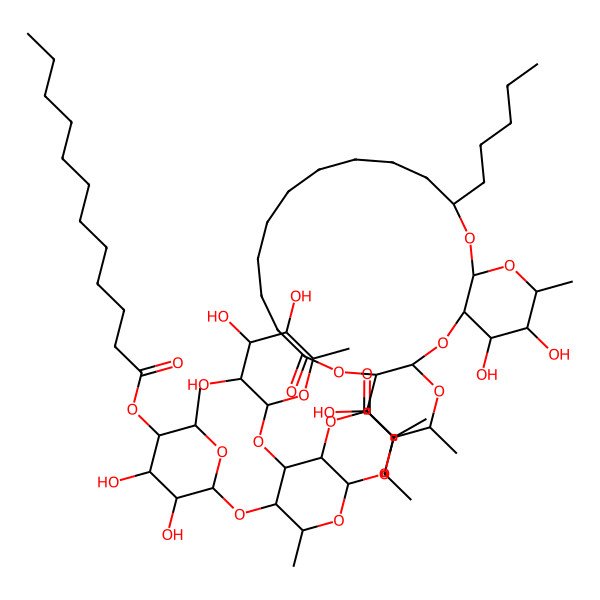 2D Structure of [(2S,3R,4S,5R,6S)-4,5-dihydroxy-2-methyl-6-[(2S,3S,4R,5R,6S)-2-methyl-5-[(2S)-2-methylbutanoyl]oxy-6-[[(1R,3S,5S,6R,7R,8R,20S,22R,24R,25R,26S)-7,25,26-trihydroxy-5,24-dimethyl-10-oxo-20-pentyl-2,4,9,21,23-pentaoxatricyclo[20.4.0.03,8]hexacosan-6-yl]oxy]-4-[(2S,3R,4R,5R,6S)-3,4,5-trihydroxy-6-methyloxan-2-yl]oxyoxan-3-yl]oxyoxan-3-yl] dodecanoate