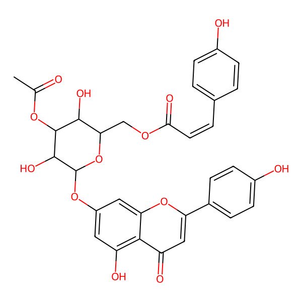 2D Structure of [4-Acetyloxy-3,5-dihydroxy-6-[5-hydroxy-2-(4-hydroxyphenyl)-4-oxochromen-7-yl]oxyoxan-2-yl]methyl 3-(4-hydroxyphenyl)prop-2-enoate
