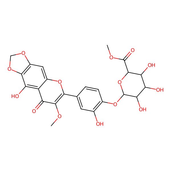2D Structure of methyl (2S,3S,4S,5R,6S)-3,4,5-trihydroxy-6-[2-hydroxy-4-(9-hydroxy-7-methoxy-8-oxo-[1,3]dioxolo[4,5-g]chromen-6-yl)phenoxy]oxane-2-carboxylate