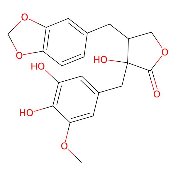 2D Structure of (3S,4S)-4-(1,3-benzodioxol-5-ylmethyl)-3-[(3,4-dihydroxy-5-methoxyphenyl)methyl]-3-hydroxyoxolan-2-one