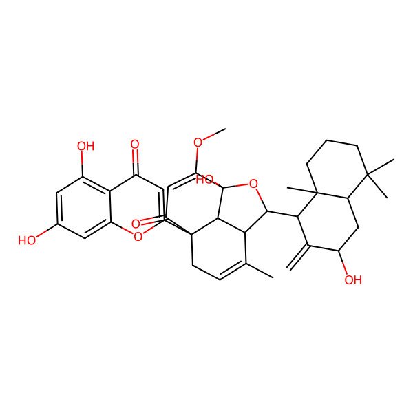 2D Structure of 3-[(1R,3S,4aS,8aS)-3-hydroxy-5,5,8a-trimethyl-2-methylidene-3,4,4a,6,7,8-hexahydro-1H-naphthalen-1-yl]-8-(5,7-dihydroxy-4-oxochromen-2-yl)-1-hydroxy-11-methoxy-5-methyl-2-oxatricyclo[6.3.1.04,12]dodeca-5,10-dien-9-one