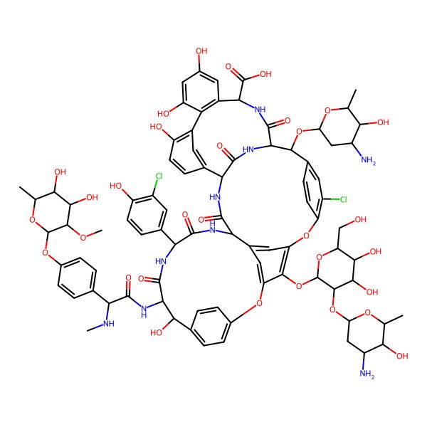 2D Structure of (1R,2R,18S,19S,22S,25R,28S)-2-[(2R,4R,5S,6R)-4-amino-5-hydroxy-6-methyloxan-2-yl]oxy-48-[(2R,3R,4S,5R,6R)-3-[(2S,4S,5R,6S)-4-amino-5-hydroxy-6-methyloxan-2-yl]oxy-4,5-dihydroxy-6-(hydroxymethyl)oxan-2-yl]oxy-5-chloro-22-(3-chloro-4-hydroxyphenyl)-19-[[(2S)-2-[4-[(2S,3R,4S,5S,6R)-4,5-dihydroxy-3-methoxy-6-methyloxan-2-yl]oxyphenyl]-2-(methylamino)acetyl]amino]-18,32,35,37-tetrahydroxy-20,23,26,42,44-pentaoxo-7,13-dioxa-21,24,27,41,43-pentazaoctacyclo[26.14.2.23,6.214,17.18,12.129,33.010,25.034,39]pentaconta-3,5,8,10,12(48),14(47),15,17(46),29(45),30,32,34(39),35,37,49-pentadecaene-40-carboxylic acid