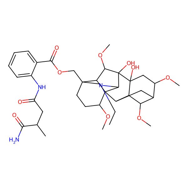 2D Structure of [(1S,2R,3R,4S,5R,6S,8R,9S,10S,13S,16S,17R,18S)-11-ethyl-8,9-dihydroxy-4,6,16,18-tetramethoxy-11-azahexacyclo[7.7.2.12,5.01,10.03,8.013,17]nonadecan-13-yl]methyl 2-[[(3R)-4-amino-3-methyl-4-oxobutanoyl]amino]benzoate