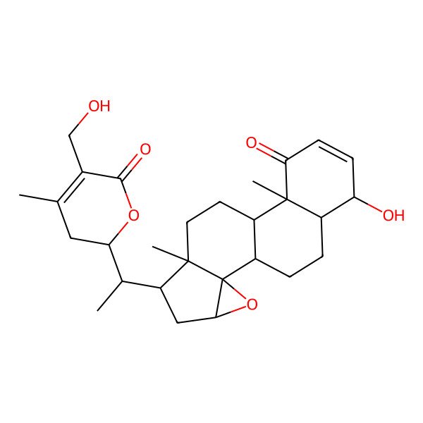 2D Structure of 15-Hydroxy-6-[1-[5-(hydroxymethyl)-4-methyl-6-oxo-2,3-dihydropyran-2-yl]ethyl]-7,11-dimethyl-3-oxapentacyclo[8.8.0.02,4.02,7.011,16]octadec-13-en-12-one