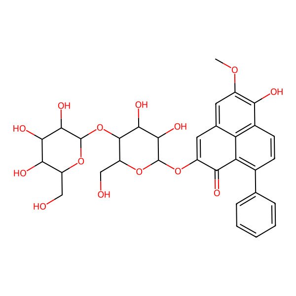2D Structure of 2-[3,4-Dihydroxy-6-(hydroxymethyl)-5-[3,4,5-trihydroxy-6-(hydroxymethyl)oxan-2-yl]oxyoxan-2-yl]oxy-6-hydroxy-5-methoxy-9-phenylphenalen-1-one