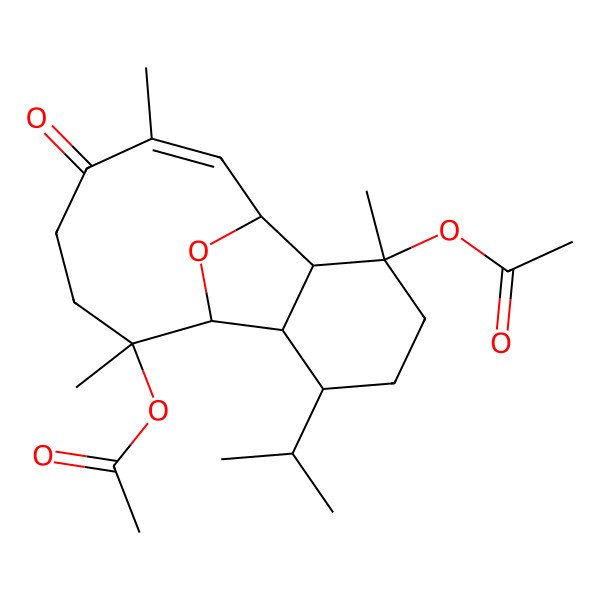 2D Structure of (9-Acetyloxy-3,9,13-trimethyl-12-oxo-6-propan-2-yl-15-oxatricyclo[6.6.1.02,7]pentadec-13-en-3-yl) acetate