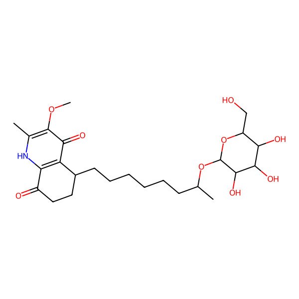2D Structure of (5S)-3-methoxy-2-methyl-5-[(7S)-7-[(2R,3R,4S,5S,6R)-3,4,5-trihydroxy-6-(hydroxymethyl)oxan-2-yl]oxyoctyl]-1,5,6,7-tetrahydroquinoline-4,8-dione