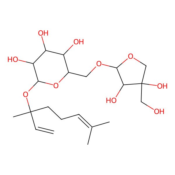 2D Structure of (2R,3S,4S,5R,6S)-2-[[(2R,3R,4R)-3,4-dihydroxy-4-(hydroxymethyl)oxolan-2-yl]oxymethyl]-6-[(3S)-3,7-dimethylocta-1,6-dien-3-yl]oxyoxane-3,4,5-triol
