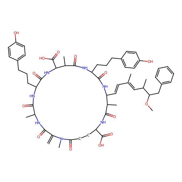 2D Structure of (5R,8S,11R,12S,15S,18S,19S,22R)-8,15-bis[3-(4-hydroxyphenyl)propyl]-18-[(5S,6S)-6-methoxy-3,5-dimethyl-7-phenylhepta-1,3-dienyl]-1,5,12,19-tetramethyl-2-methylidene-3,6,9,13,16,20,25-heptaoxo-1,4,7,10,14,17,21-heptazacyclopentacosane-11,22-dicarboxylic acid