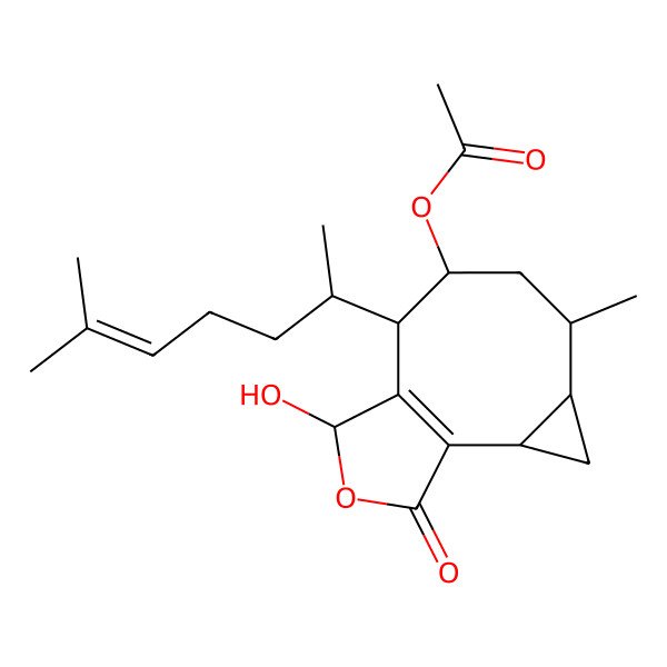 2D Structure of [10-Hydroxy-5-methyl-8-(6-methylhept-5-en-2-yl)-12-oxo-11-oxatricyclo[7.3.0.02,4]dodec-1(9)-en-7-yl] acetate