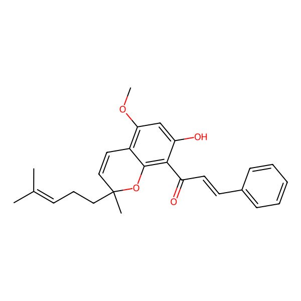 2D Structure of (E)-1-[(2S)-7-hydroxy-5-methoxy-2-methyl-2-(4-methylpent-3-enyl)chromen-8-yl]-3-phenylprop-2-en-1-one