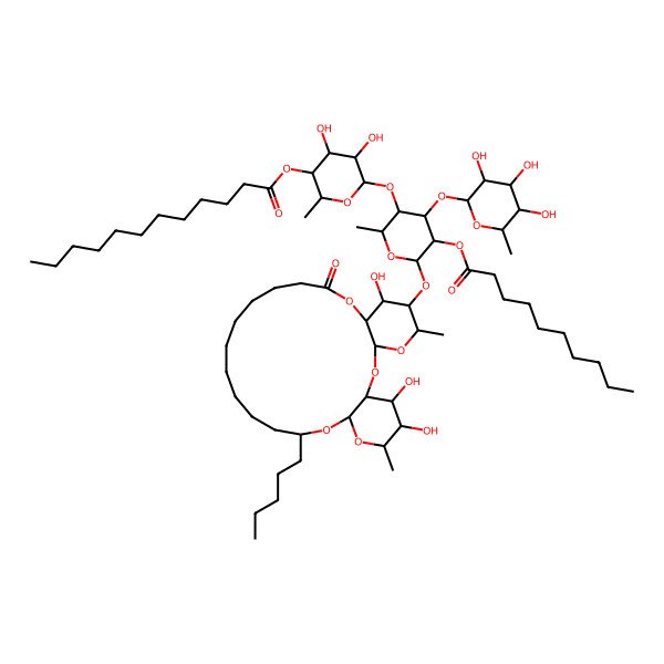 2D Structure of [(2R,3S,4R,5S,6S)-6-[(2R,3R,4S,5R,6S)-5-decanoyloxy-2-methyl-6-[[(1R,3R,5S,6R,7R,8S,20S,22S,24S,25R,26R)-7,25,26-trihydroxy-5,24-dimethyl-10-oxo-20-pentyl-2,4,9,21,23-pentaoxatricyclo[20.4.0.03,8]hexacosan-6-yl]oxy]-4-[(2S,3S,4S,5R,6S)-3,4,5-trihydroxy-6-methyloxan-2-yl]oxyoxan-3-yl]oxy-4,5-dihydroxy-2-methyloxan-3-yl] dodecanoate