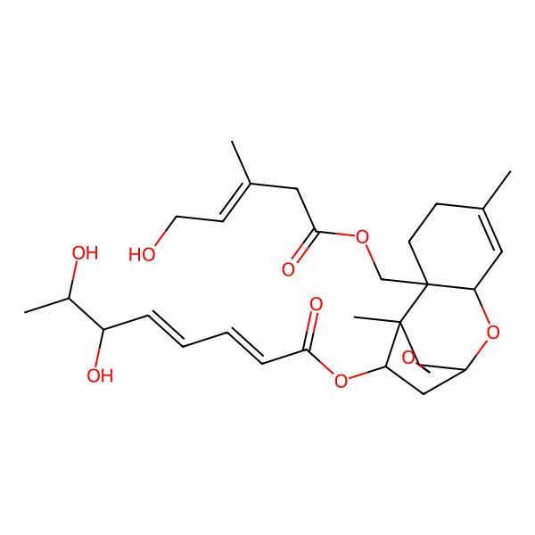 2D Structure of [2-[(5-Hydroxy-3-methylpent-3-enoyl)oxymethyl]-1,5-dimethylspiro[8-oxatricyclo[7.2.1.02,7]dodec-5-ene-12,2'-oxirane]-11-yl] 6,7-dihydroxyocta-2,4-dienoate