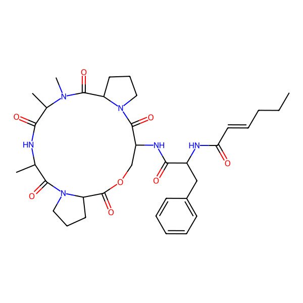 2D Structure of (E)-N-[(2S)-1-oxo-3-phenyl-1-[[(3S,7S,13S,16S,19S)-13,16,17-trimethyl-2,6,12,15,18-pentaoxo-5-oxa-1,11,14,17-tetrazatricyclo[17.3.0.07,11]docosan-3-yl]amino]propan-2-yl]hex-2-enamide