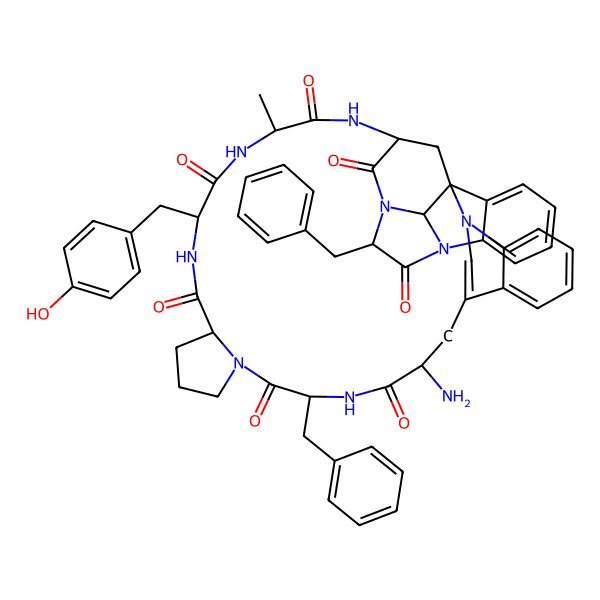 2D Structure of (1R,11S,14R,20R,23R,26R,29S,32R,42R)-11-amino-14,32-dibenzyl-23-[(4-hydroxyphenyl)methyl]-26-methyl-2,13,16,22,25,28,31,34-octazaoctacyclo[27.11.1.11,31.12,9.03,8.016,20.035,40.034,42]tritetraconta-3,5,7,9(43),35,37,39-heptaene-12,15,21,24,27,30,33-heptone