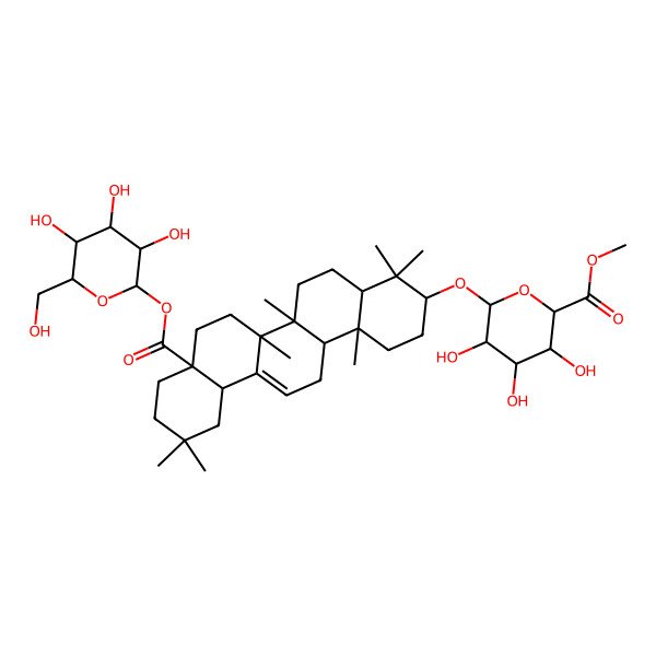2D Structure of methyl (2S,3S,4S,5R,6R)-6-[[(3S,4aR,6aR,6bS,8aS,12aS,14aR,14bR)-4,4,6a,6b,11,11,14b-heptamethyl-8a-[(2S,3R,4S,5R,6R)-3,4,5-trihydroxy-6-(hydroxymethyl)oxan-2-yl]oxycarbonyl-1,2,3,4a,5,6,7,8,9,10,12,12a,14,14a-tetradecahydropicen-3-yl]oxy]-3,4,5-trihydroxyoxane-2-carboxylate