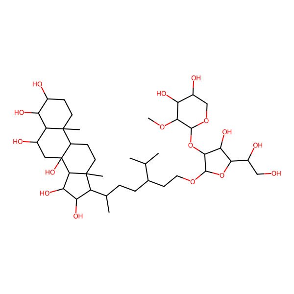 2D Structure of (3S,4R,5S,6R,8S,9R,10S,13R,14S,15R,16R,17R)-17-[(2R,5R)-5-[2-[(2R,3R,4S,5R)-5-[(1R)-1,2-dihydroxyethyl]-3-[(2S,3R,4S,5R)-4,5-dihydroxy-3-methoxyoxan-2-yl]oxy-4-hydroxyoxolan-2-yl]oxyethyl]-6-methylheptan-2-yl]-10,13-dimethyl-1,2,3,4,5,6,7,9,11,12,14,15,16,17-tetradecahydrocyclopenta[a]phenanthrene-3,4,6,8,15,16-hexol
