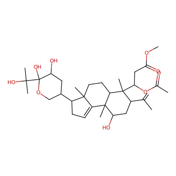 2D Structure of methyl (3S)-3-[(3S,3aS,5aR,6S,7S,9R,9aR)-3-[(3S,5R,6S)-5,6-dihydroxy-6-(2-hydroxypropan-2-yl)oxan-3-yl]-9-hydroxy-3a,6,9a-trimethyl-7-prop-1-en-2-yl-2,3,4,5,5a,7,8,9-octahydrocyclopenta[a]naphthalen-6-yl]-3-acetyloxypropanoate