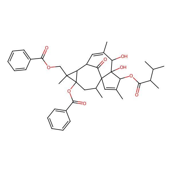 2D Structure of [(1S,4S,5S,6R,9S,10R,11R,12S,14R)-12-benzoyloxy-4-[(2R)-2,3-dimethylbutanoyl]oxy-5,6-dihydroxy-3,7,11,14-tetramethyl-15-oxo-11-tetracyclo[7.5.1.01,5.010,12]pentadeca-2,7-dienyl]methyl benzoate