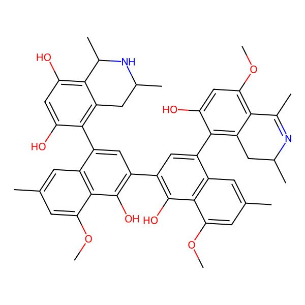 2D Structure of (1S,3S)-5-[4-hydroxy-3-[1-hydroxy-4-[(3R)-6-hydroxy-8-methoxy-1,3-dimethyl-3,4-dihydroisoquinolin-5-yl]-8-methoxy-6-methylnaphthalen-2-yl]-5-methoxy-7-methylnaphthalen-1-yl]-1,3-dimethyl-1,2,3,4-tetrahydroisoquinoline-6,8-diol
