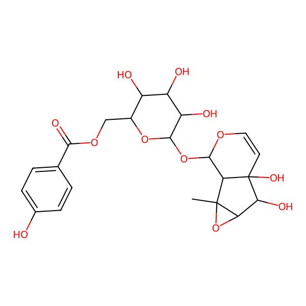 2D Structure of [(2R,3S,4S,5R,6S)-6-[[(1S,2R,4S,5R,6S,10S)-5,6-dihydroxy-2-methyl-3,9-dioxatricyclo[4.4.0.02,4]dec-7-en-10-yl]oxy]-3,4,5-trihydroxyoxan-2-yl]methyl 4-hydroxybenzoate