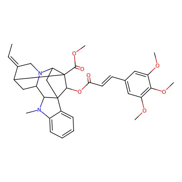 2D Structure of methyl (1R,9S,10S,12S,13E,16S,17R,18S)-13-ethylidene-8-methyl-18-[(E)-3-(3,4,5-trimethoxyphenyl)prop-2-enoyl]oxy-8,15-diazahexacyclo[14.2.1.01,9.02,7.010,15.012,17]nonadeca-2,4,6-triene-17-carboxylate