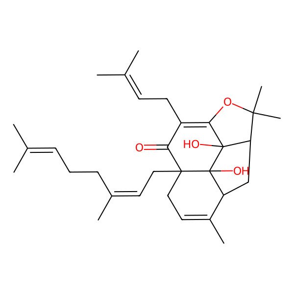 2D Structure of (1S,7R,11S,12R,13R)-7-[(2E)-3,7-dimethylocta-2,6-dienyl]-12,13-dihydroxy-2,2,10-trimethyl-5-(3-methylbut-2-enyl)-3-oxatetracyclo[9.2.1.04,13.07,12]tetradeca-4,9-dien-6-one