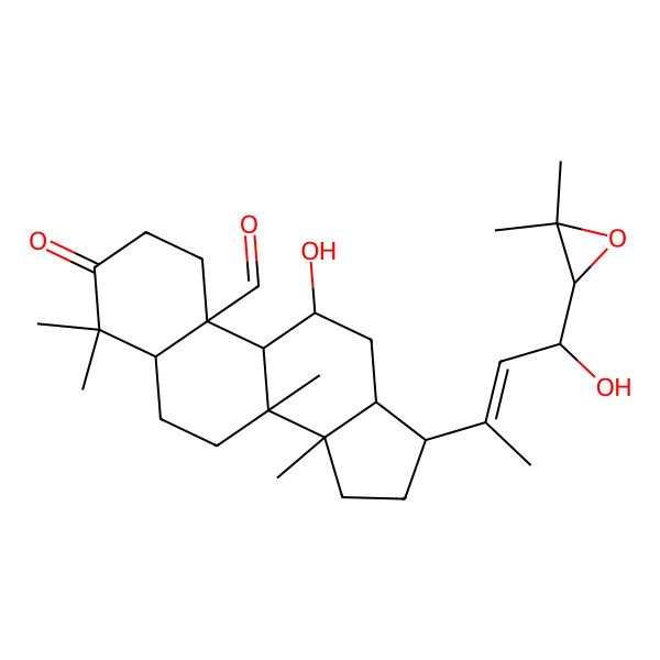 2D Structure of 17-[4-(3,3-Dimethyloxiran-2-yl)-4-hydroxybut-2-en-2-yl]-11-hydroxy-4,4,8,14-tetramethyl-3-oxo-1,2,5,6,7,9,11,12,13,15,16,17-dodecahydrocyclopenta[a]phenanthrene-10-carbaldehyde