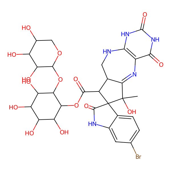 2D Structure of [2,3,4,5-tetrahydroxy-6-(3,4,5-trihydroxyoxan-2-yl)oxycyclohexyl] 6-bromo-4'-hydroxy-4'-methyl-2,12',14'-trioxospiro[1H-indole-3,5'-2,9,11,13-tetrazatricyclo[8.4.0.03,7]tetradeca-1(10),2-diene]-6'-carboxylate