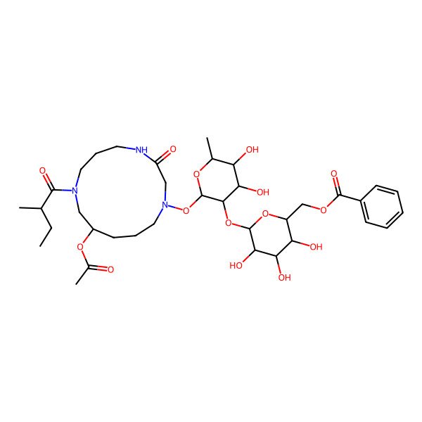 2D Structure of [(2R,3S,4S,5R,6S)-6-[(2S,3R,4R,5R,6S)-2-[[(10R)-10-acetyloxy-8-[(2S)-2-methylbutanoyl]-3-oxo-1,4,8-triazacyclotridec-1-yl]oxy]-4,5-dihydroxy-6-methyloxan-3-yl]oxy-3,4,5-trihydroxyoxan-2-yl]methyl benzoate