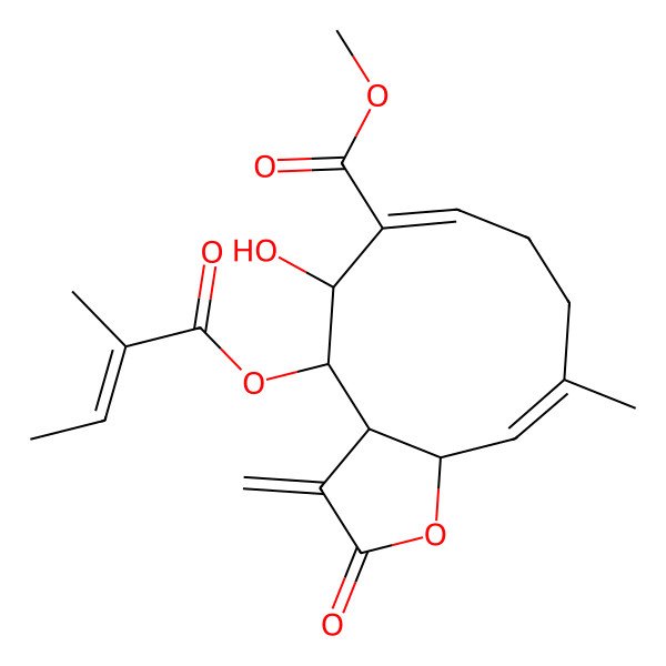 2D Structure of methyl (3aS,4S,5S,6E,10E,11aR)-5-hydroxy-10-methyl-4-[(E)-2-methylbut-2-enoyl]oxy-3-methylidene-2-oxo-3a,4,5,8,9,11a-hexahydrocyclodeca[b]furan-6-carboxylate