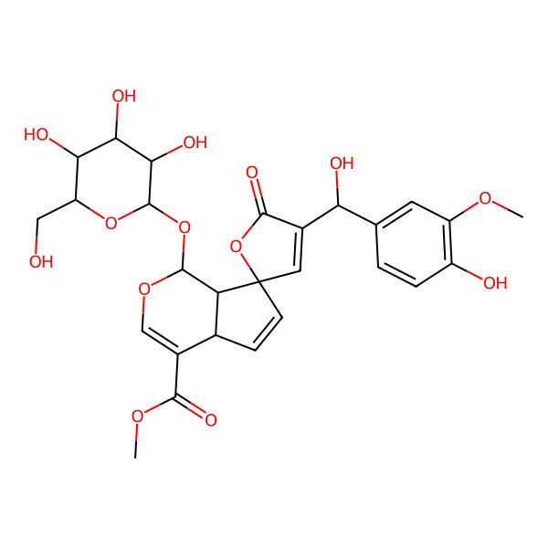 2D Structure of methyl 4'-[hydroxy-(4-hydroxy-3-methoxyphenyl)methyl]-5'-oxo-1-[3,4,5-trihydroxy-6-(hydroxymethyl)oxan-2-yl]oxyspiro[4a,7a-dihydro-1H-cyclopenta[c]pyran-7,2'-furan]-4-carboxylate